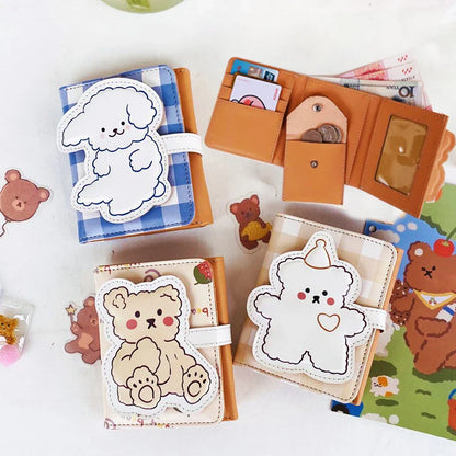 Cute Bear Women’s Wallet — Short Leather Coin Purse, Cartoon Card Holder, Three-Fold Clutch for Students