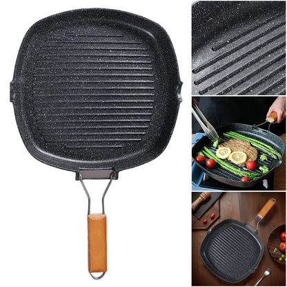 Foldable Portable Grill Pan – Double-Mouth Steak Pan with Anti-Scald Wooden Handle for Outdoor Cooking
