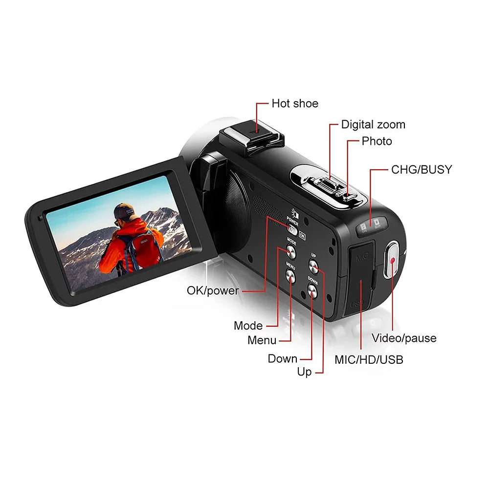 4K Digital Video Camera – 42MP 2-in-1 Photo & Video Camcorder, 18X Zoom, 3.0-inch Rotatable Screen, High Definition