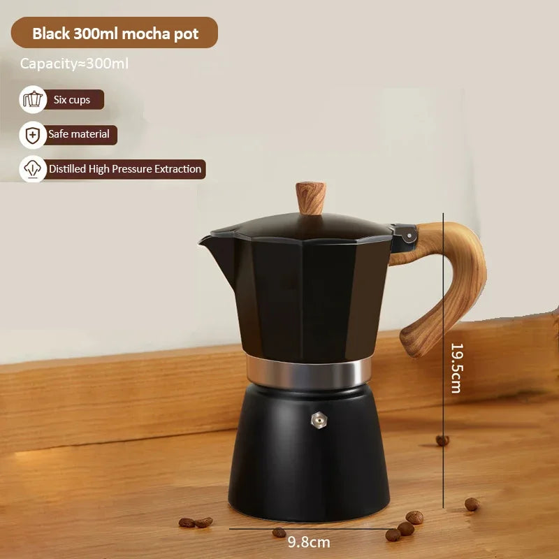 Vintage Wooden Handle Moka Pot – Classic Italian Espresso Maker 150ml/300ml for Home & Cafe Use