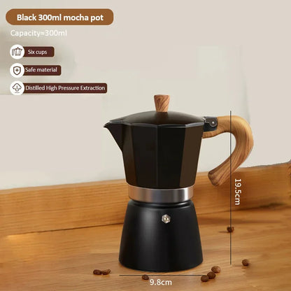 Vintage Wooden Handle Moka Pot – Classic Italian Espresso Maker 150ml/300ml for Home & Cafe Use