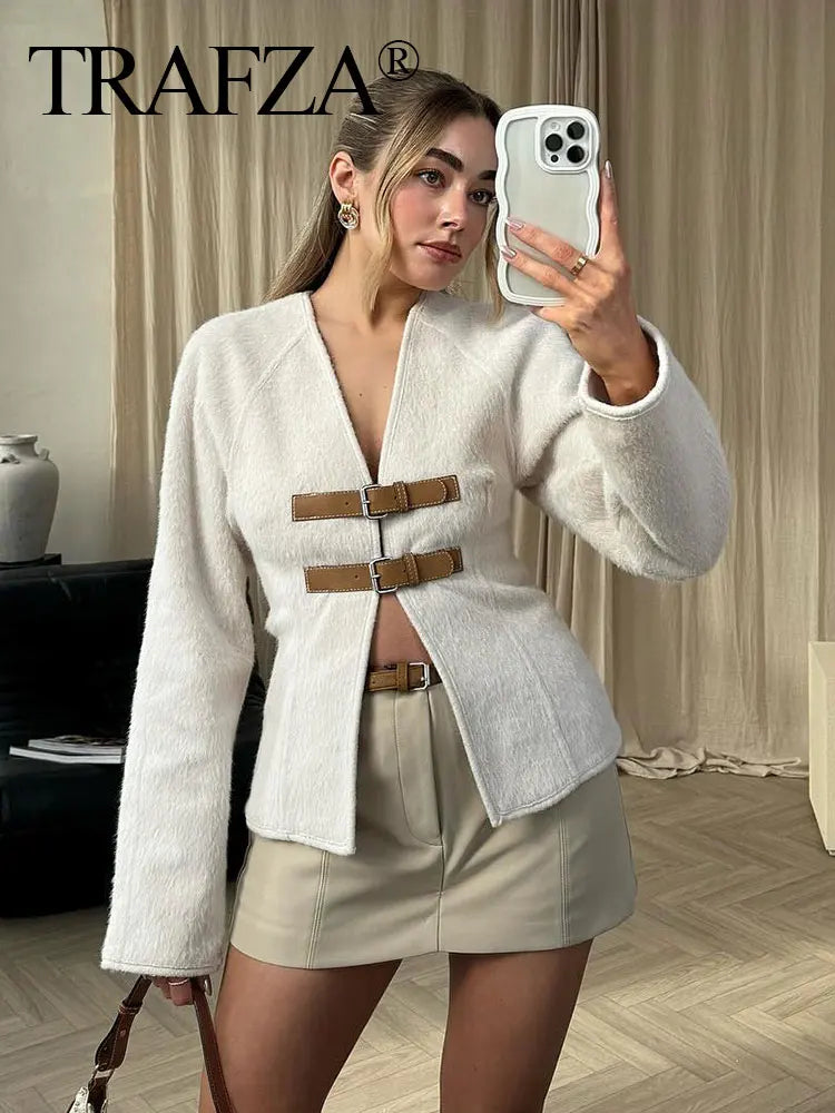TRAFZA Women’s Retro Leather Buckle Woolen Coat – Fashion Solid V-Neck Beige Jacket, Autumn Spring Streetwear