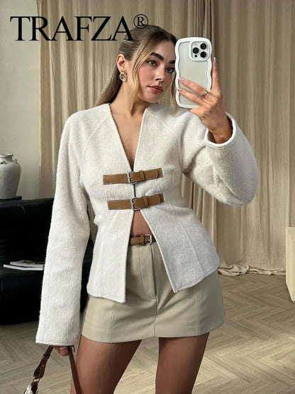 TRAFZA Women’s Retro Leather Buckle Woolen Coat – Fashion Solid V-Neck Beige Jacket, Autumn Spring Streetwear