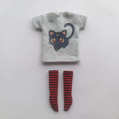 Handmade OB24 1/6 Blyth Doll Clothes – Cartoon T-Shirt with Striped Socks for 1/6 Doll Accessories