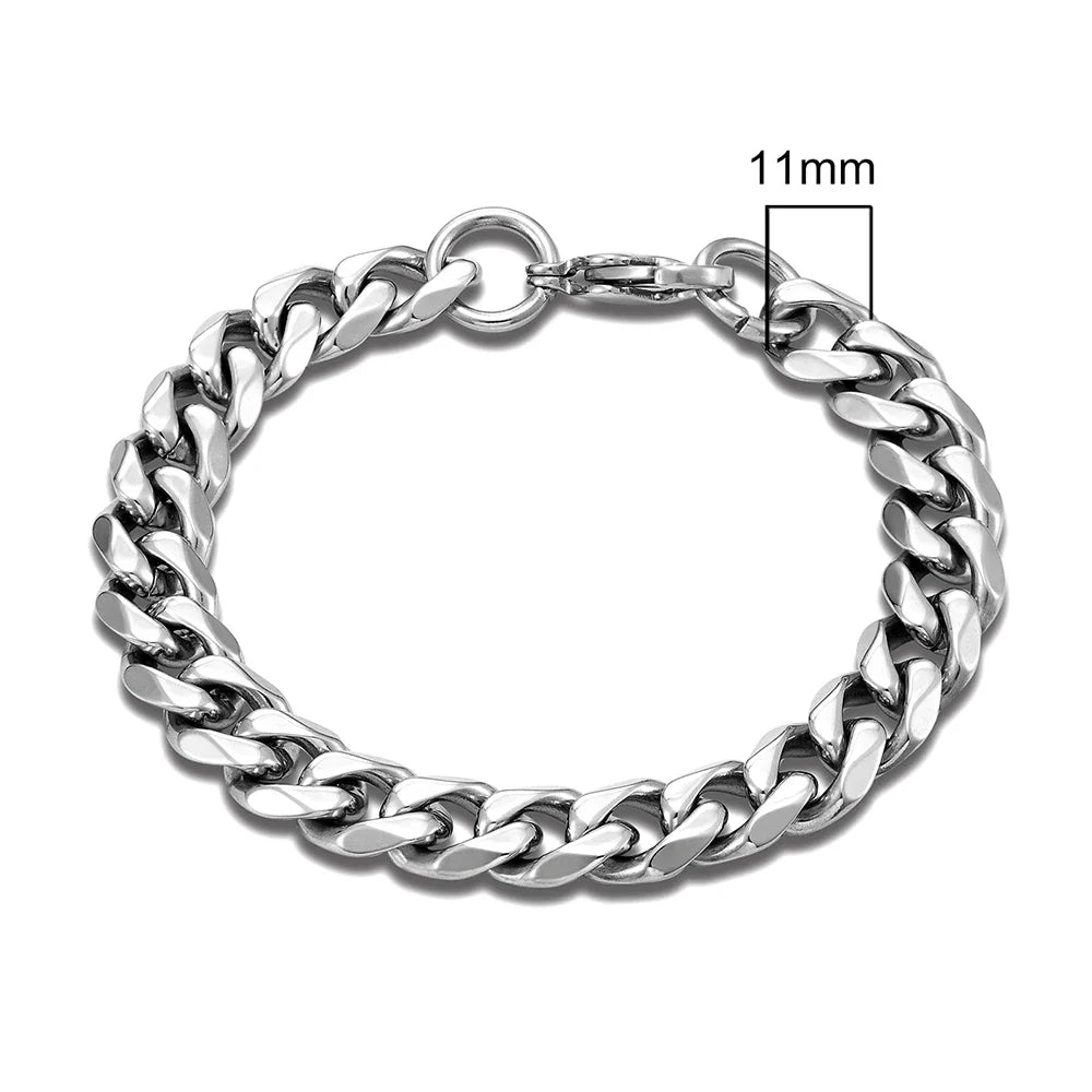 MKENDN Punk Rock Stainless Steel Cuban Curb Link Chain Bracelet – 3–11mm Silver Biker Jewelry for Men & Women