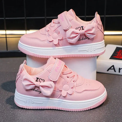 Girls Pink Bow Flower Sneakers - Breathable Non-Slip Casual Sports Shoes for Kids