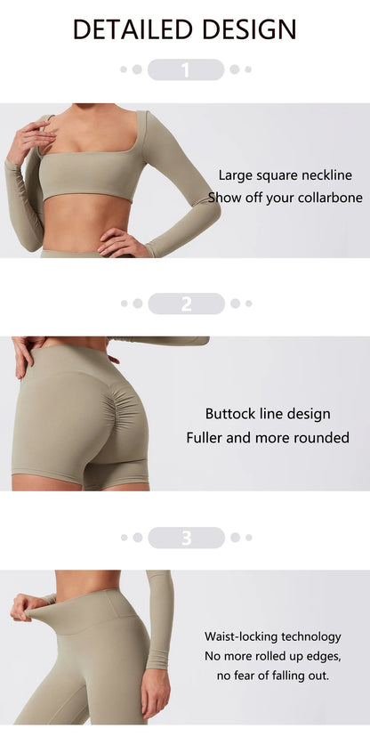 Hearuisavy 2PCS Long Sleeve Gym Set for Women, Quick-Drying Yoga Clothes, Sportswear, Running Leggings, Workout Sports Crop Top