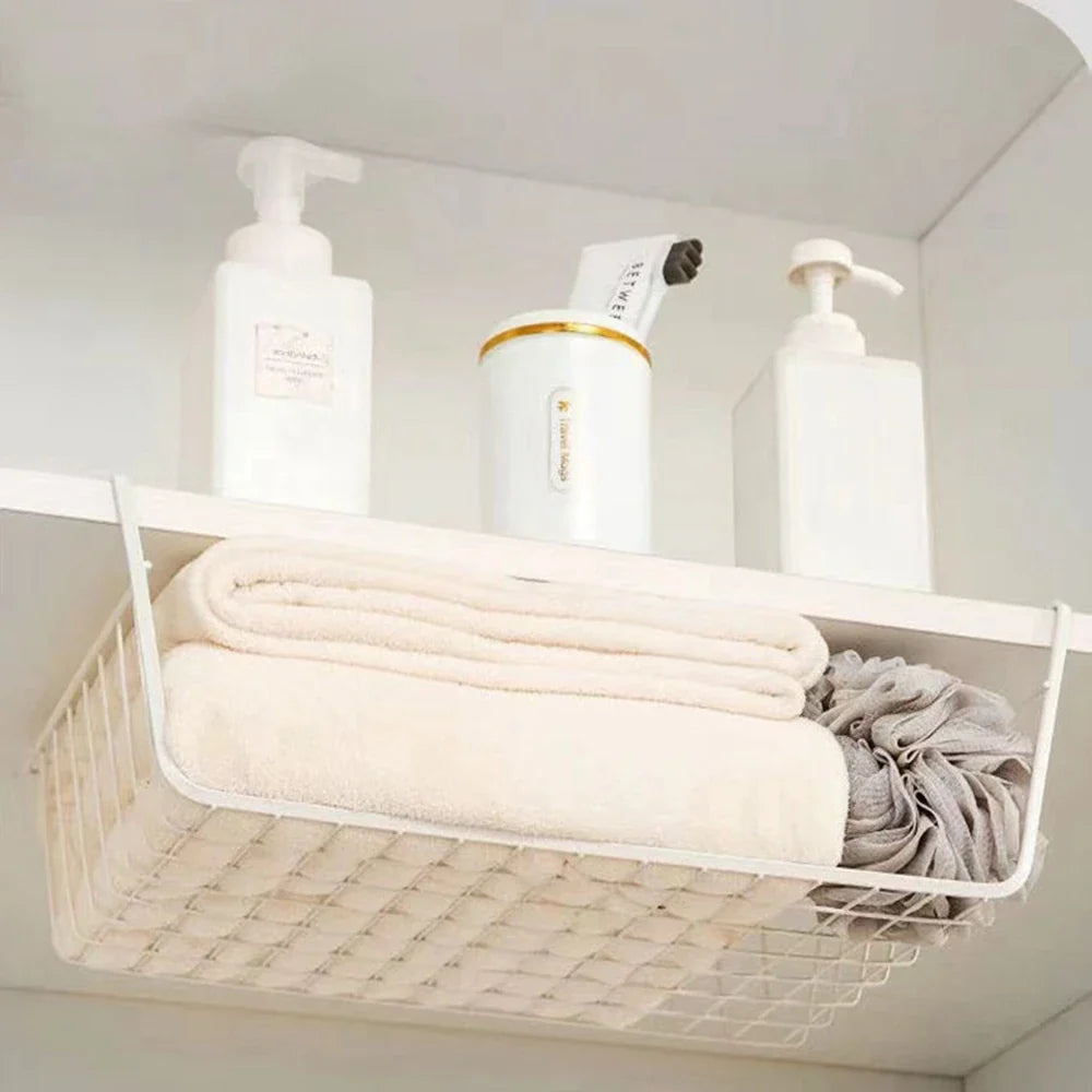 Metal Iron Kitchen Organizer Shelf - Cabinet Storage Rack with Hanging Mesh Basket for Desk, Wardrobe, and More