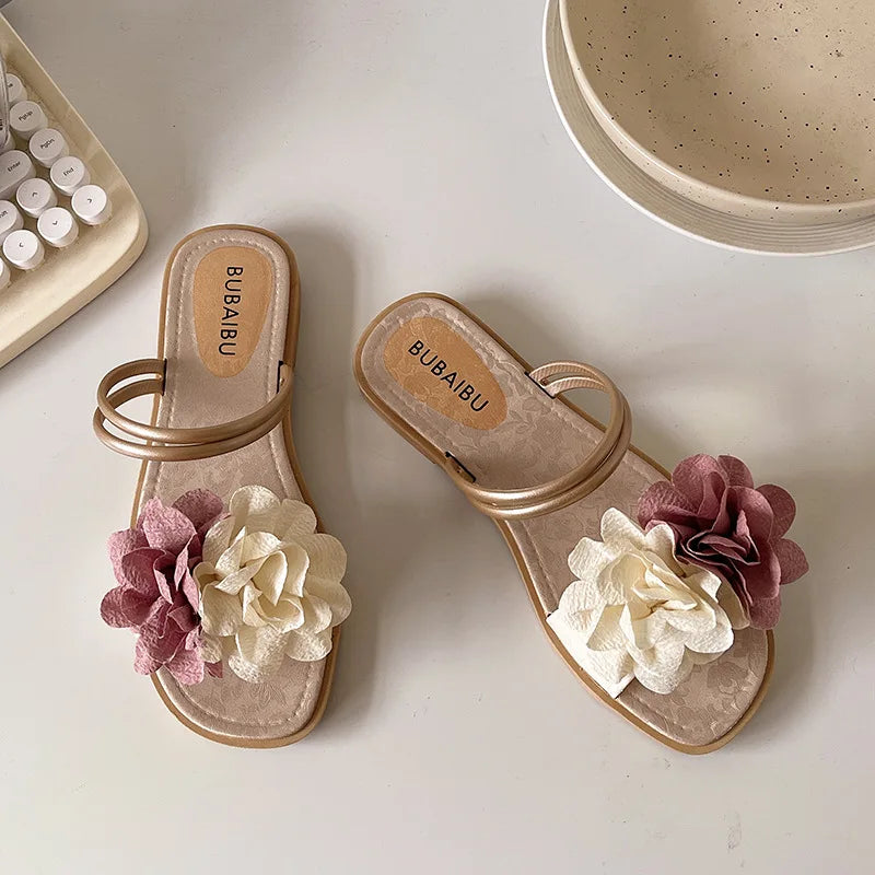 Women's Double Flower Slippers - Lightweight Flat Summer Casual Shoes