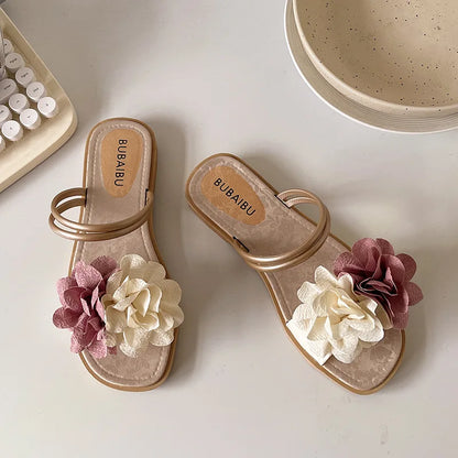 Women's Double Flower Slippers - Lightweight Flat Summer Casual Shoes