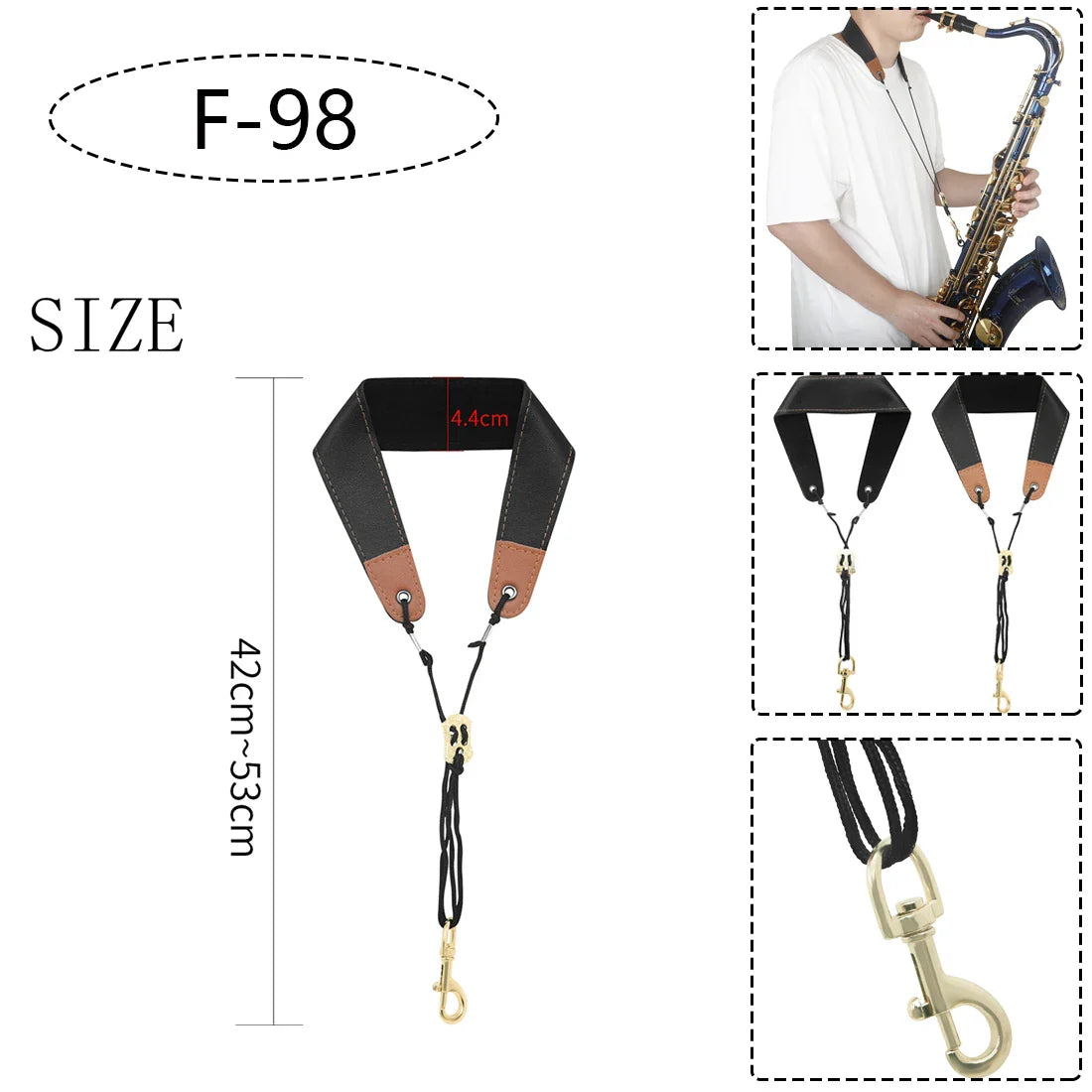 Saxophone Neck Strap - Adjustable Leather Universal Fit for Soprano, Alto, Tenor Sax with Secure Closed Hooks
