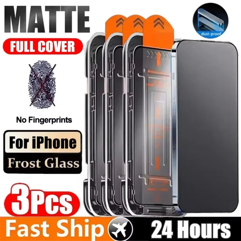 3Pcs Oleophobic Coating Screen Protector for iPhone 11-16 Pro Max, Plus, XR & XS – Dust-Free Matte Glass Installation