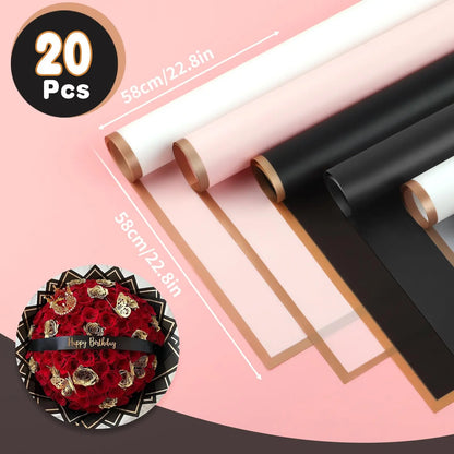 20 Sheets Matte Black Flower Wrapping Paper with Gold Edges – Waterproof Gift Wrap for DIY Wedding & Birthday Presents