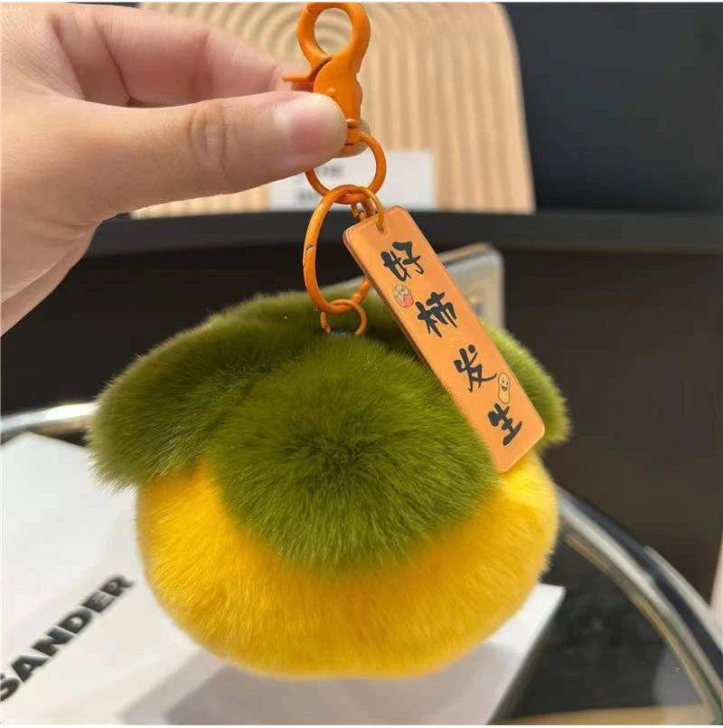 2024 Real Rabbit Fur Mini Persimmon Keychain – Cute Plush Rex Fur Pendant for Bags, Cars, and Gifts