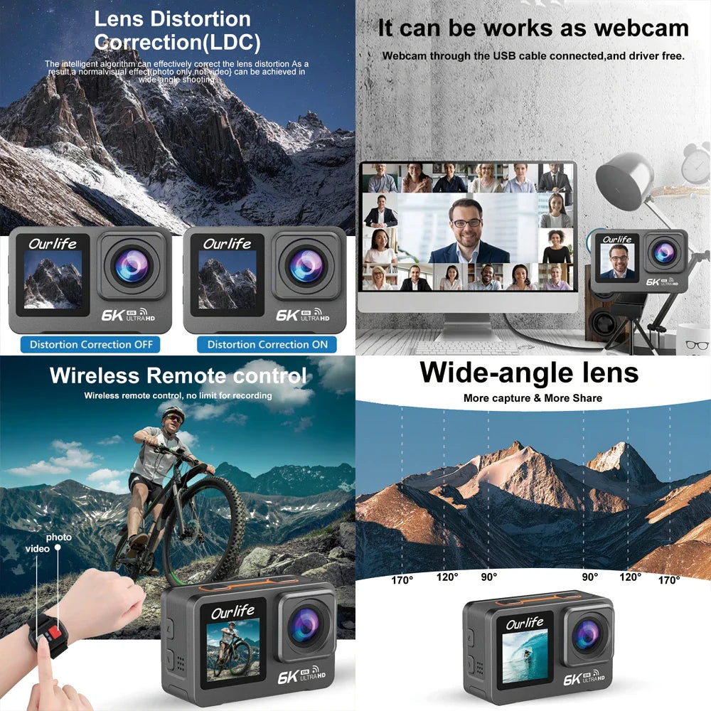 6K 4K60FPS Action Camera – 50MP Dual Screen, 2.0" Touch LCD, EIS, WiFi, 170° Lens, 30M Waterproof, 5X Zoom with Remote