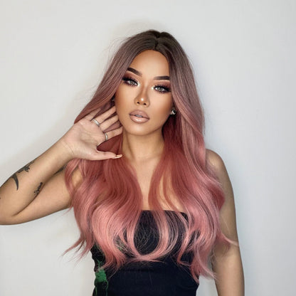 Long Pink Wavy Wig for Women — Middle Part Synthetic Hair, Heat-Resistant, Natural-Looking Cosplay Wig