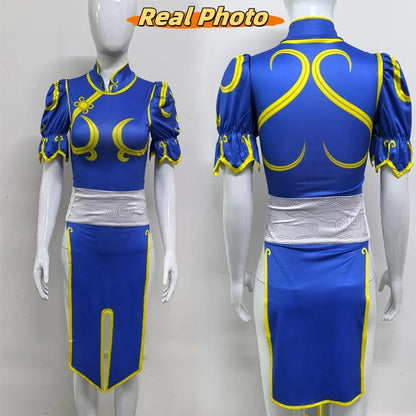 Chun-Li Cosplay Costume - Women’s Blue Cheongsam Dress with Headdress & Waistband for Halloween