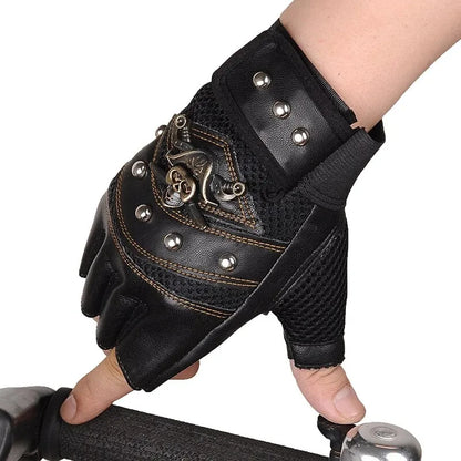 Pirate Captain PU Leather Fingerless Gloves – Skull Rivet Half Finger Mitts for Men & Women, Hip Hop, Gym & Moto Style Gloves