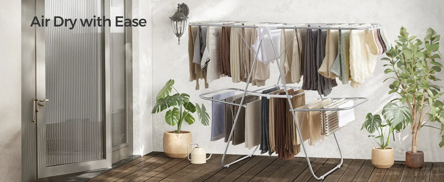 Foldable 2-Level Clothes Drying Rack – Large Free-Standing Laundry Rack with Height-Adjustable Wings