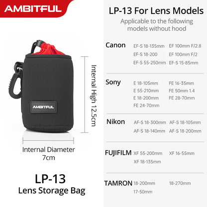 AMBITFUL Camera Lens Drawstring Bag — S/M/L/XL Pouches for Canon, Sony, Nikon DSLR Lenses