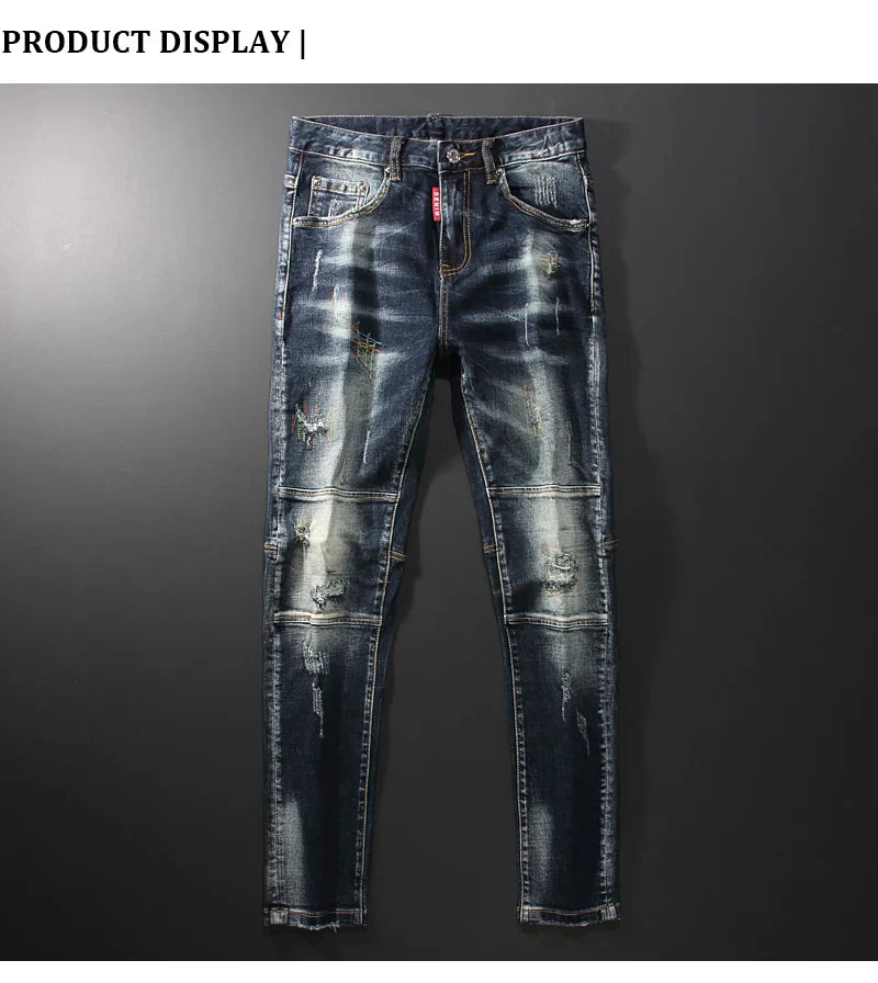 Streetwear Men’s Slim Fit Ripped Jeans – Retro Black & Blue Spliced Denim with Designer Embroidery, Hip Hop Fashion
