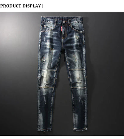 Streetwear Men’s Slim Fit Ripped Jeans – Retro Black & Blue Spliced Denim with Designer Embroidery, Hip Hop Fashion
