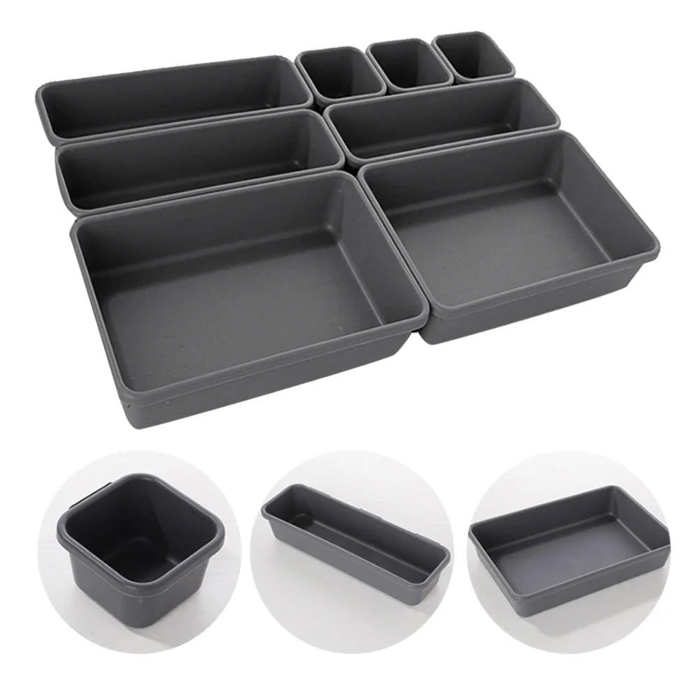 8Pcs Adjustable Drawer Organizer Set – Multi-Purpose Storage Trays for Makeup, Cosmetics, Jewelry, Kitchen & Bathroom Dividers