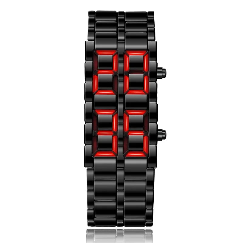 Men's Fashion Digital Lava Wrist Watch – Black Full Metal with Red/Blue LED Display, Sporty Gift for Men & Boys