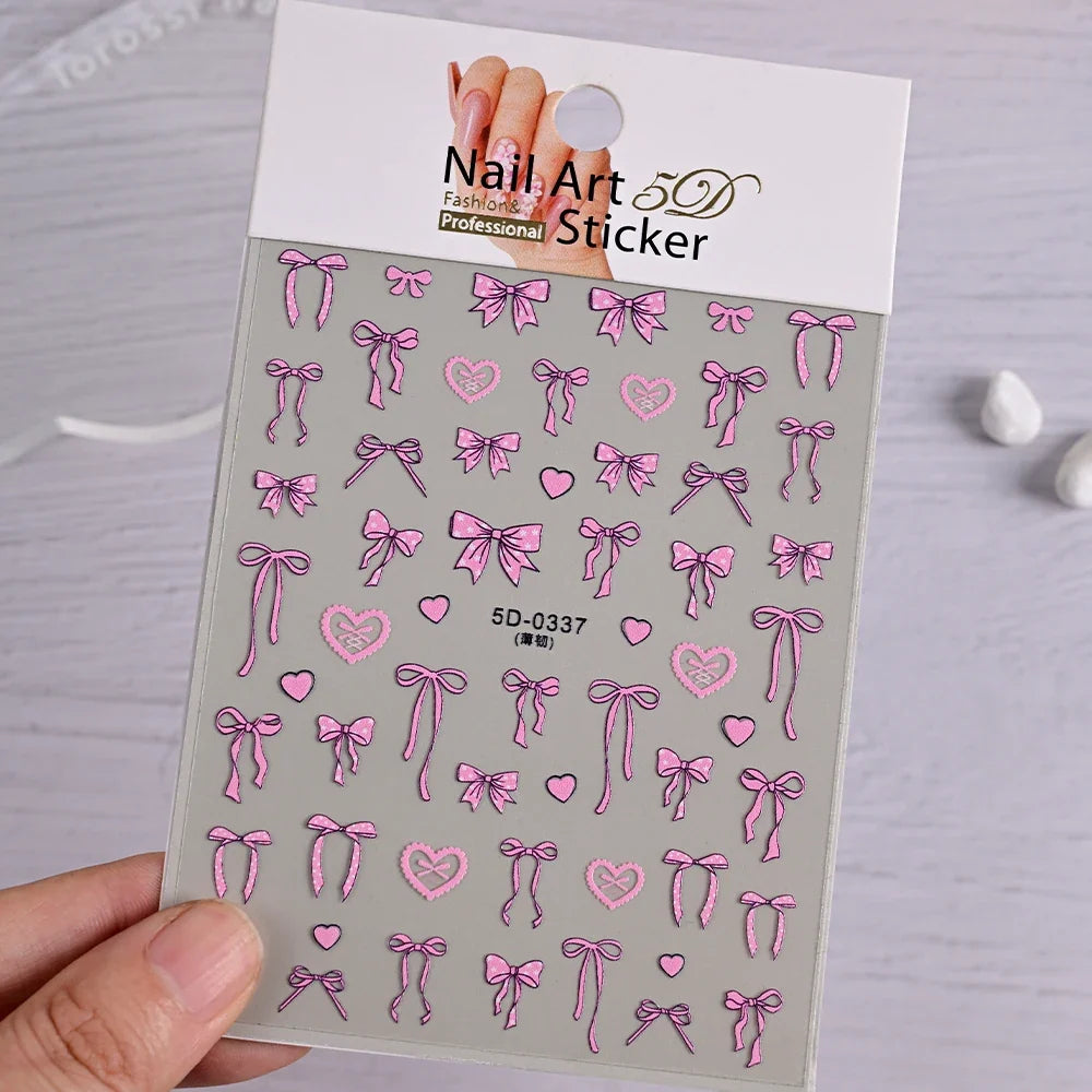 5D White Lace Bowknot Nail Art Stickers – Self-Adhesive Pearl Ribbon Luxury Nail Decals for DIY Manicure Decoration