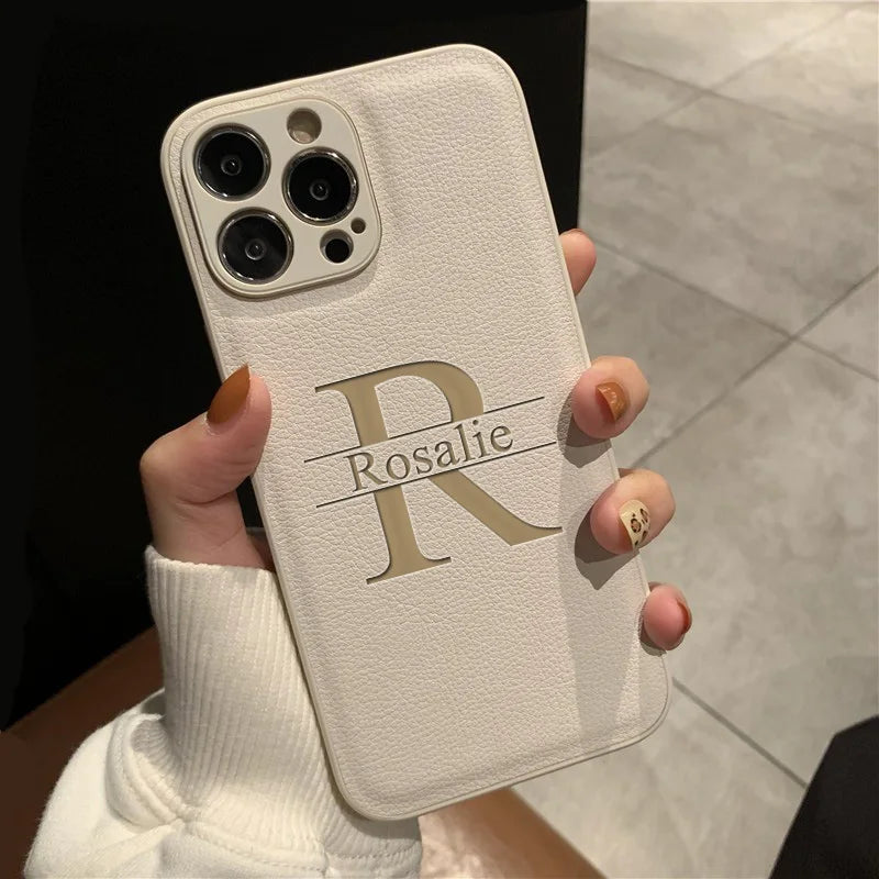 Personalized Custom Initials iPhone Case for 16/15/14/13/12/11 Pro Max Plus – Big Letter Laser Engraved Leather Cover