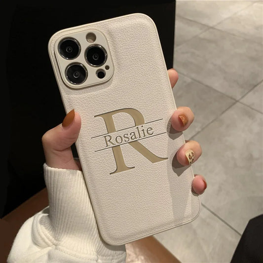 Personalized Custom Initials iPhone Case for 16/15/14/13/12/11 Pro Max Plus – Big Letter Laser Engraved Leather Cover