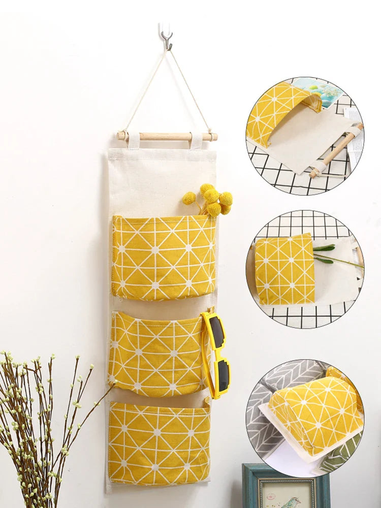 Three-Pocket Hanging Wall Storage Bag – Cotton Linen Organizer for Bedroom, Living Room & Kitchen