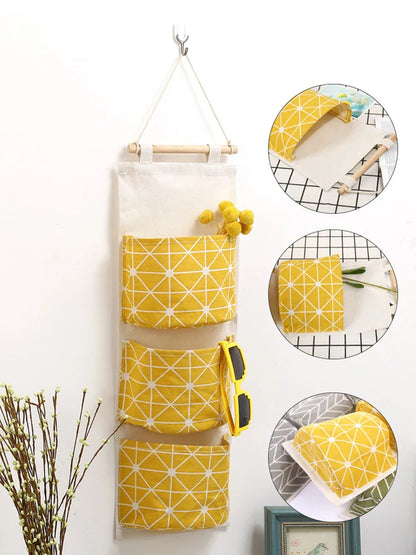 Three-Pocket Hanging Wall Storage Bag – Cotton Linen Organizer for Bedroom, Living Room & Kitchen