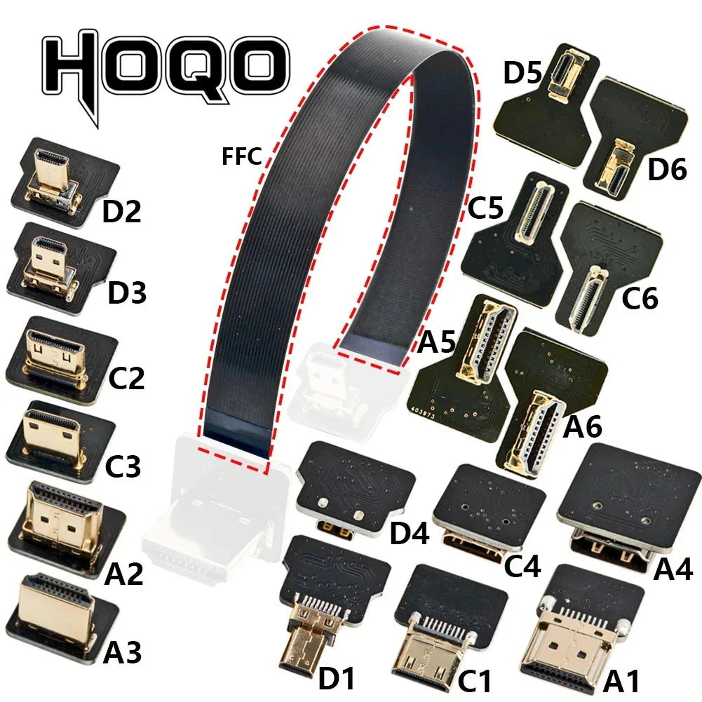 Ribbon FPV HDMI-Compatible Connector – Flexible Flat Cable for Raspberry Pi 4, Micro HDMI to HDMI/Mini HDMI Female 90° FFC 20pin