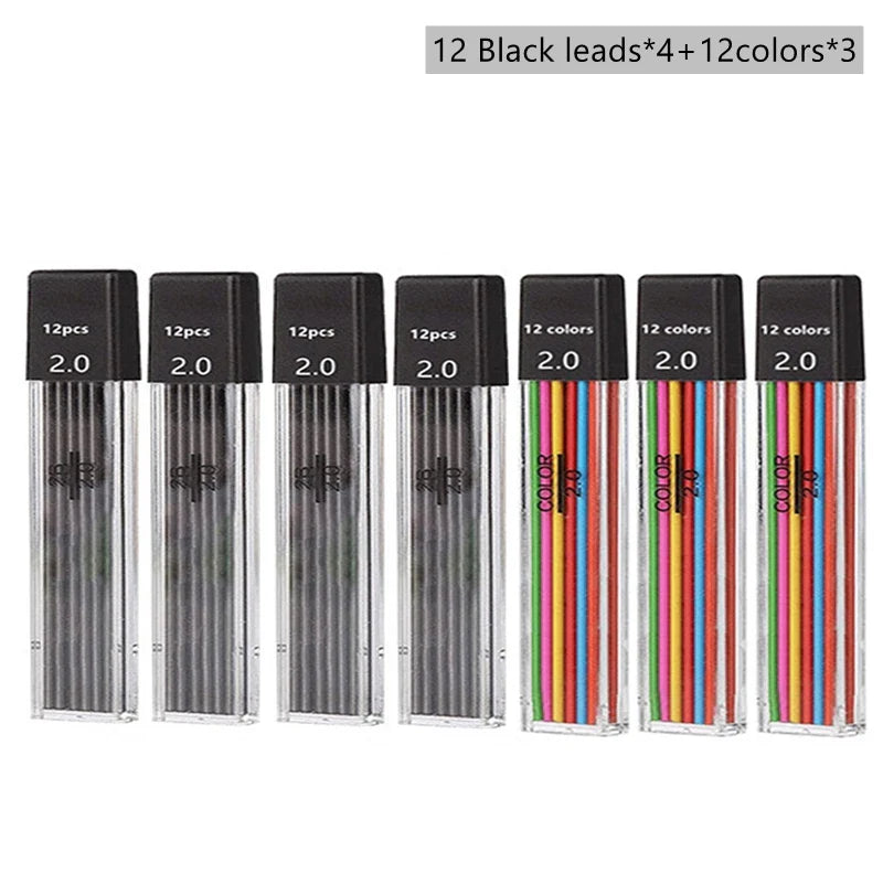 2.0mm Mechanical Pencil Set with 2B Black & Color Lead Refills – Automatic Pencil for Sketching, Drawing & Writing