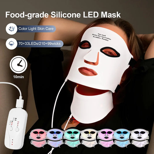 Silicone LED Mask with Neck – 7-Color Photon Red Light & Infrared Therapy, Flexible Wireless Facial Skin Repair Mask