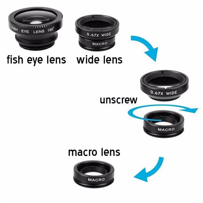 3-in-1 Mobile Phone Camera Lens Set - Fish Eye, Wide Angle, Macro - Lightweight Lens for Universal Cell Phones