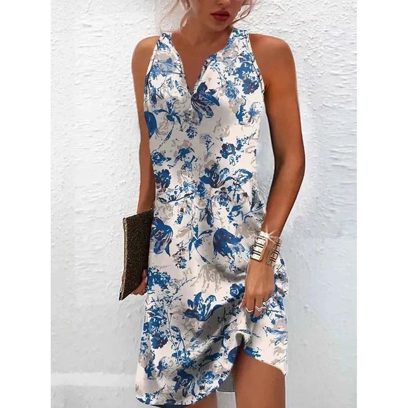 2023 Women's Summer Boho Mini Dress – Vintage Floral Print, V-Neck, Sleeveless Button, Plus Size Vestidos