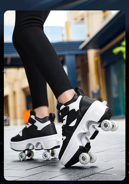 Women's High-Top 4-Wheel Roller Shoes – Fashionable Unisex Pop-Up Sneakers with Wheels, Dual-Purpose Skating & Casual Shoes