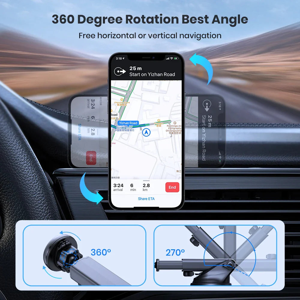 TOPK Magnetic Car Phone Mount – N52 Strong Magnet, Adjustable Telescopic Arm, Dashboard & Windshield Suction Cup Holder