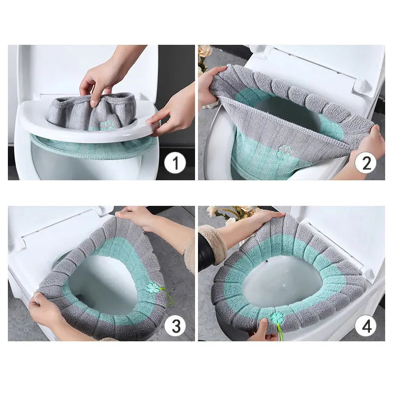 Washable Winter Warm Toilet Seat Cover with Handle - Thick, Soft Cushion Warmer for Bathroom Accessories