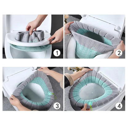 Washable Winter Warm Toilet Seat Cover with Handle - Thick, Soft Cushion Warmer for Bathroom Accessories