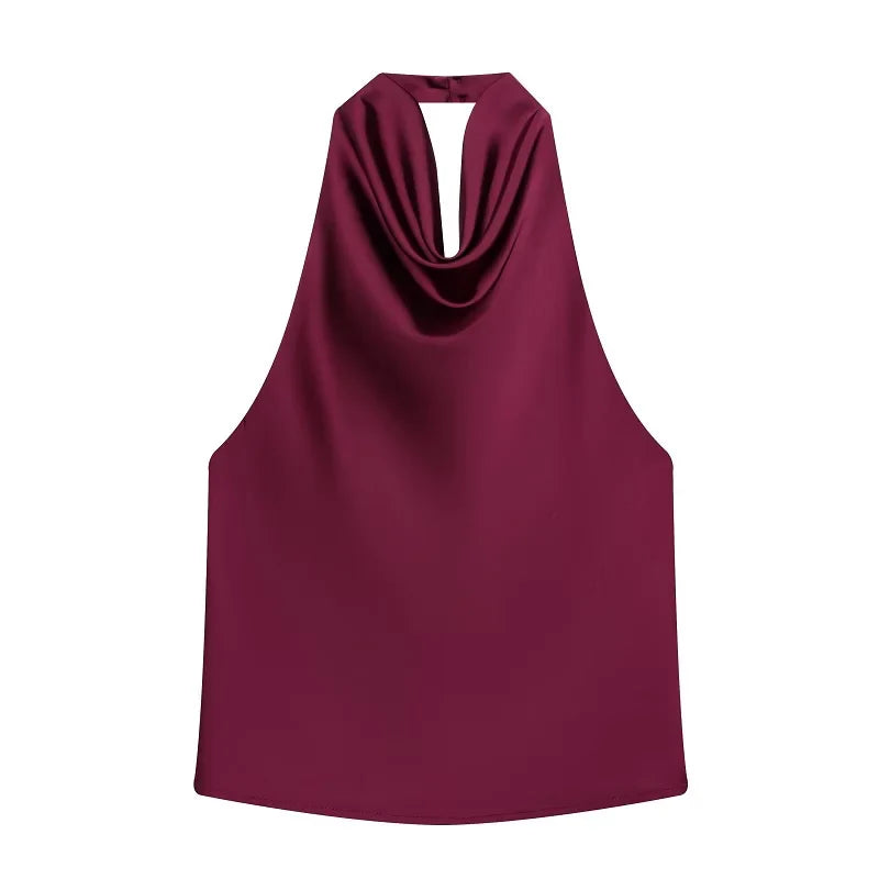 Women's Satin Halter Backless Camisole Top – Off Shoulder Summer Beach Tank Blouse