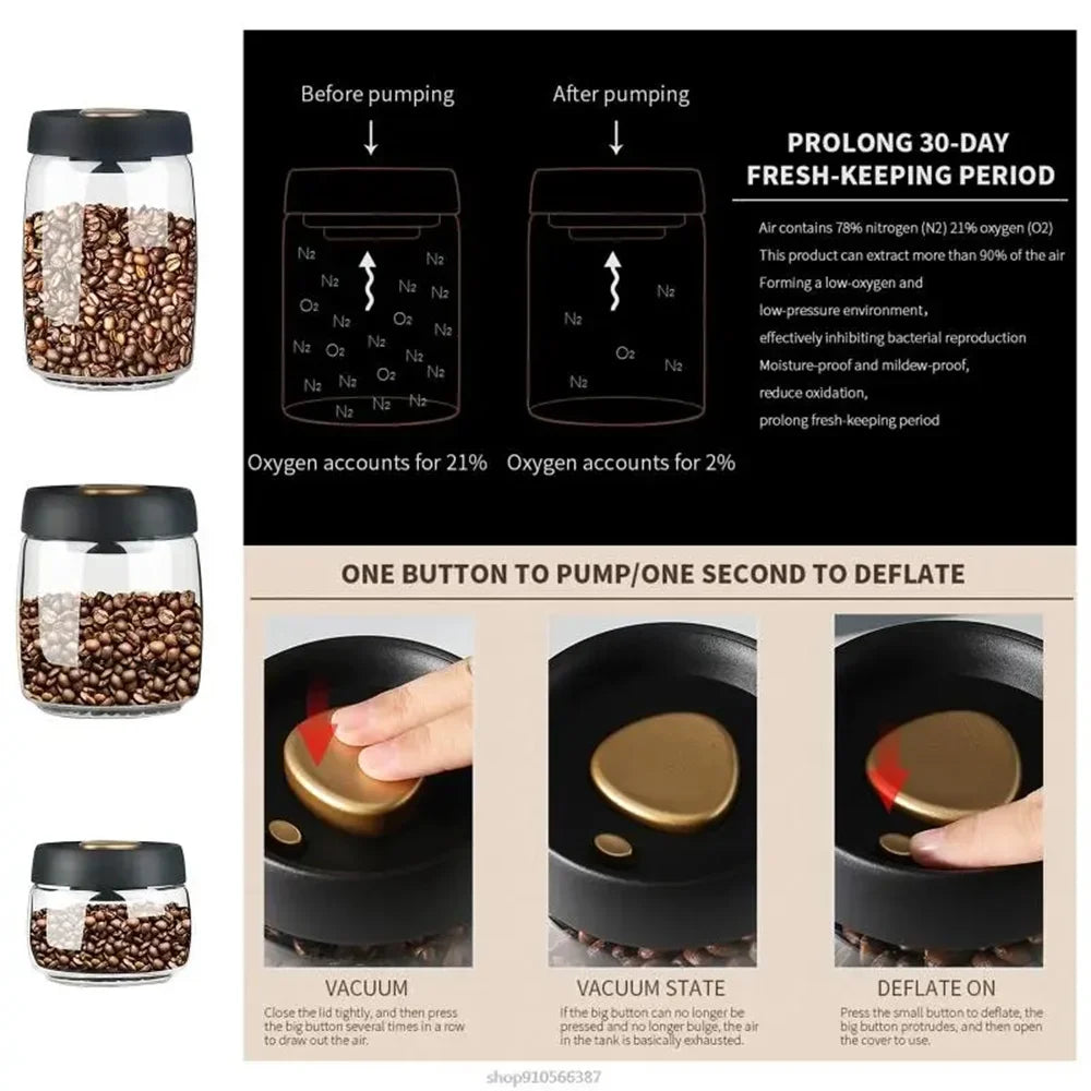Vacuum Sealed Coffee Bean Storage Jar – Transparent Glass Airtight Container, Moisture-Proof Food Canister
