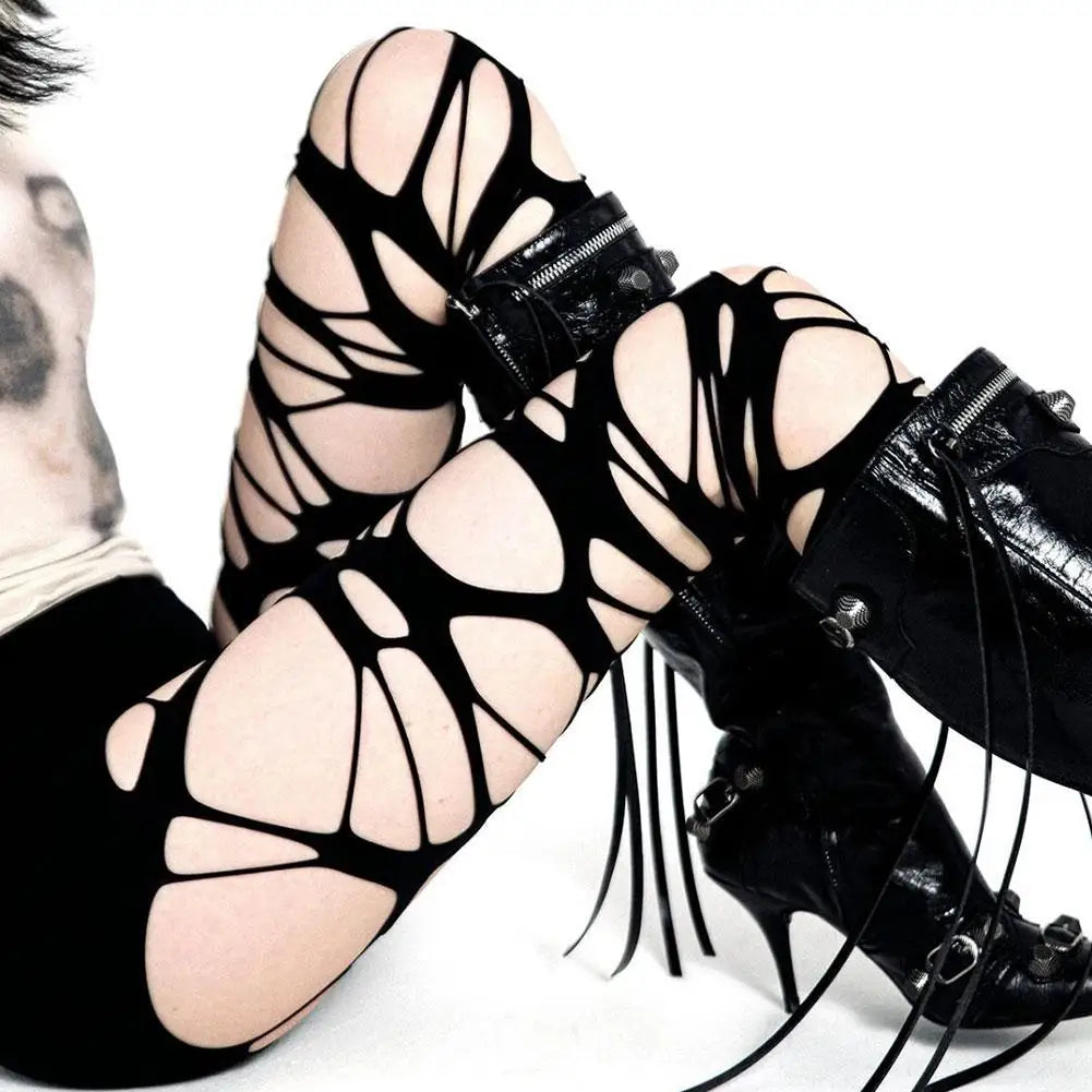 Punk Y2K Ripped High-Waist Fishnet Stockings - Women’s Halloween, Rave & Party Tights