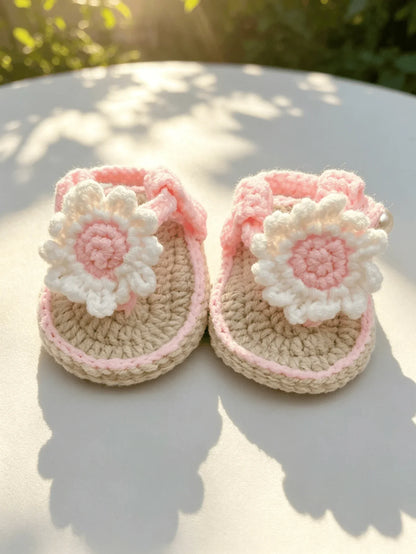 Handmade Crochet Baby Girl Sandals - Pink & Beige Flower Pearl Newborn Booties