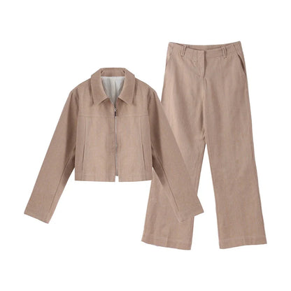 Women’s Cotton Linen Trousers Set — Casual Lapel Crop Top & Straight Pants Streetwear Spring Autumn Outfit
