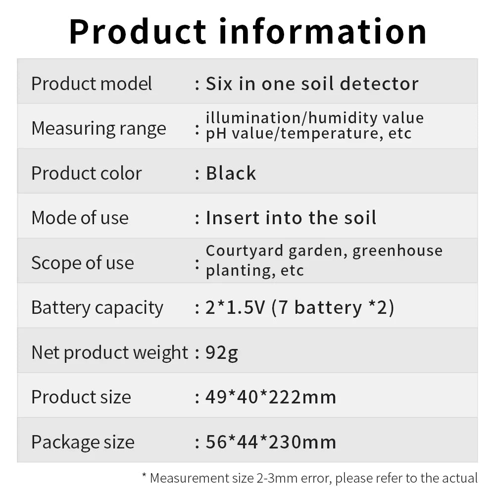 6 in 1 Soil Tester - pH, Temperature, Humidity, Sunlight, Air, Moisture & Nutrient Fertility Meter for Gardening