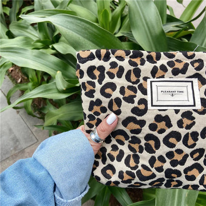 Large Leopard Print Cosmetic Bag for Women — Waterproof Canvas Makeup Organizer with Zipper, Travel Toiletry & Beauty Case