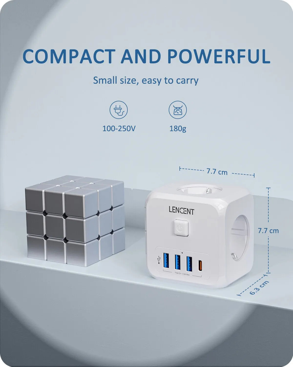 LENCENT 7-in-1 Wall Socket Extender - 3 AC Outlets, 3 USB Ports, 1 Type C, EU Plug Charger with On/Off Switch for Home Convenience